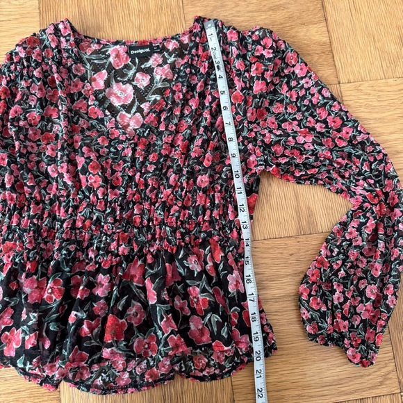 Desigual Medium Floral Plumetis Blouse Red Ruffle Feminine Peplum - Picture 6 of 8